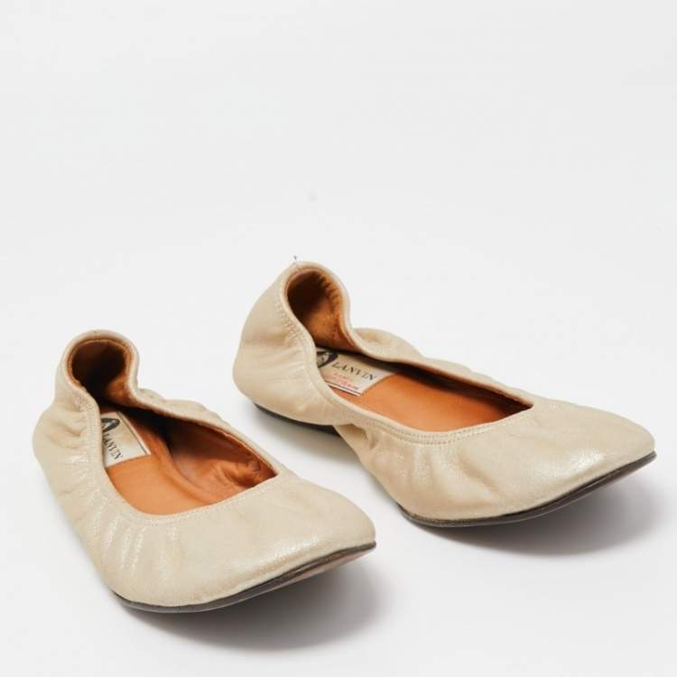 Pre Owned Lanvin Metallic Leather Scrunch Ballet Flats Size 37.5