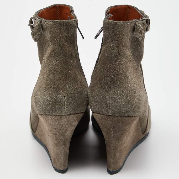 Pre Owned Lanvin Olive Green Suede Ankle Boots Size 40