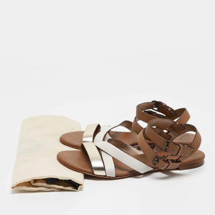 Pre Owned Lanvin Metallic/White Leather Ankle Strap Slide Flats Size 38