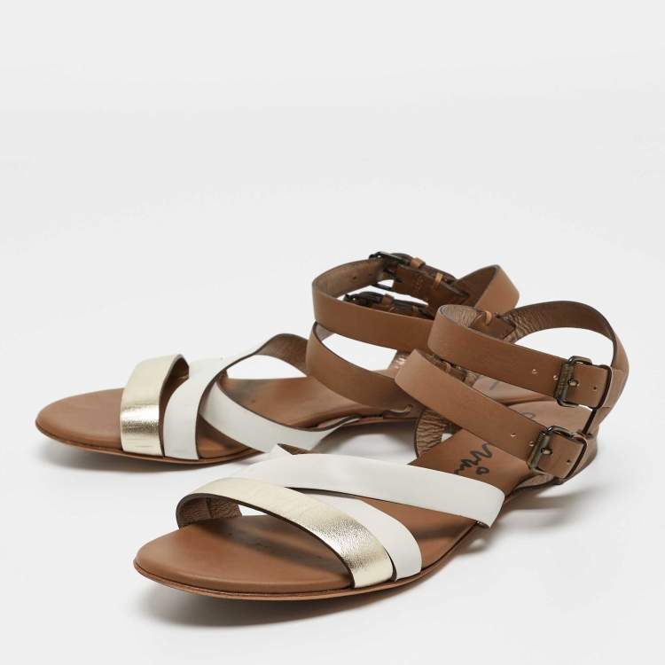 Pre Owned Lanvin Metallic/White Leather Ankle Strap Slide Flats Size 38