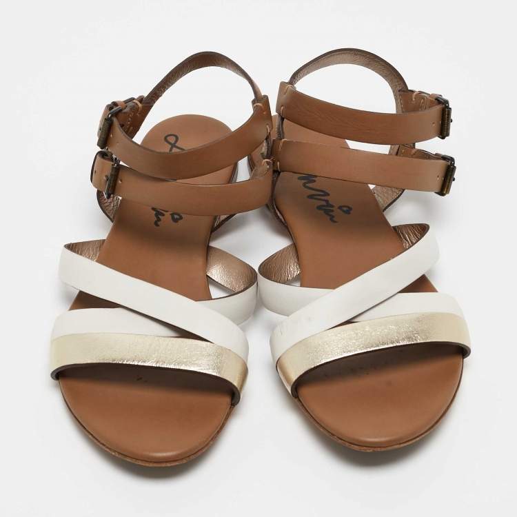 Pre Owned Lanvin Metallic/White Leather Ankle Strap Slide Flats Size 38