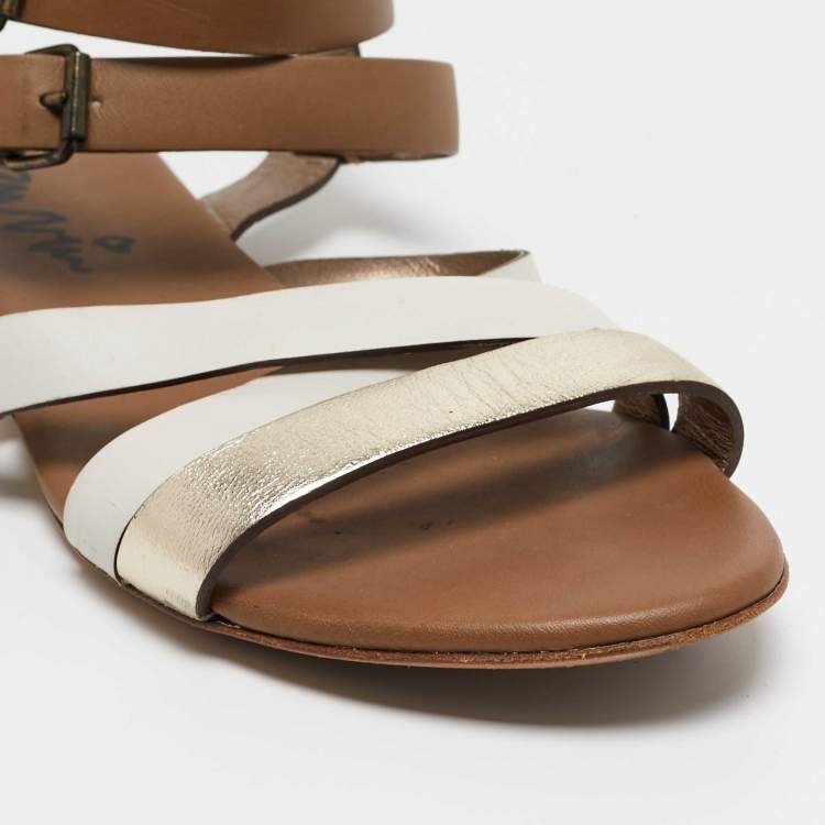 Pre Owned Lanvin Metallic/White Leather Ankle Strap Slide Flats Size 38