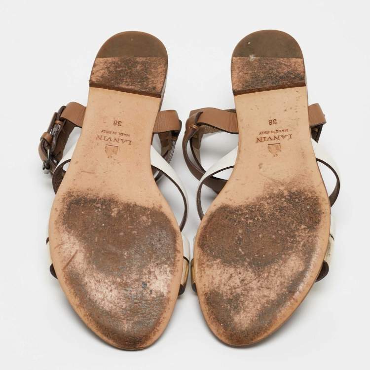 Pre Owned Lanvin Metallic/White Leather Ankle Strap Slide Flats Size 38