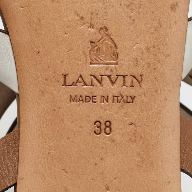 Pre Owned Lanvin Metallic/White Leather Ankle Strap Slide Flats Size 38