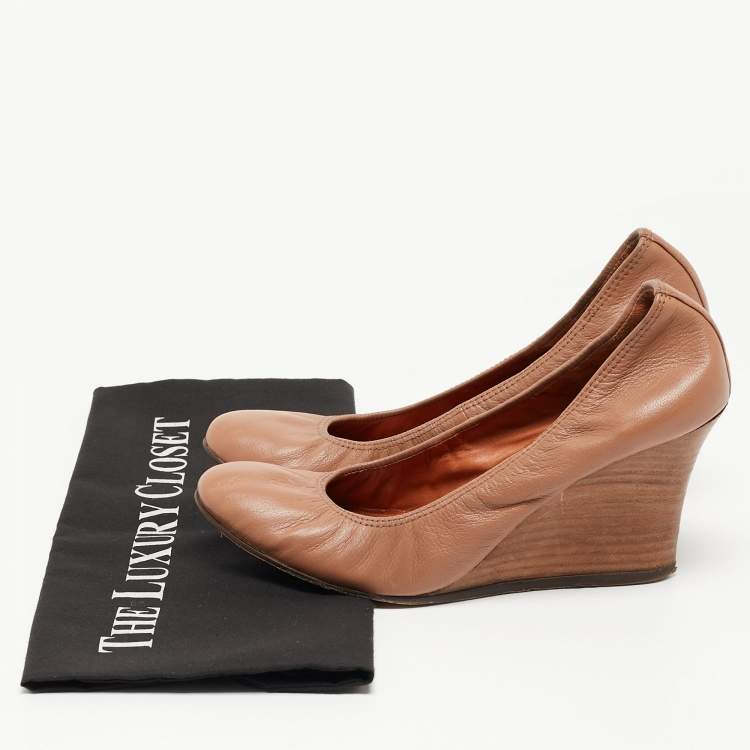 Pre Owned Lanvin Brown Leather Scrunch Wedge Pumps Size 37