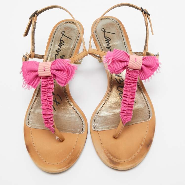 Pre Owned Lanvin Light Brown/Pink Leather and Fabric Bow Thong Ankle Strap Sandals Size 37