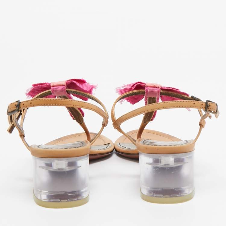 Pre Owned Lanvin Light Brown/Pink Leather and Fabric Bow Thong Ankle Strap Sandals Size 37