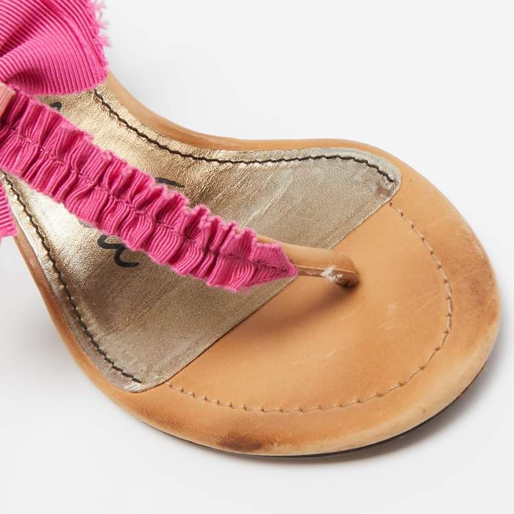 Pre Owned Lanvin Light Brown/Pink Leather and Fabric Bow Thong Ankle Strap Sandals Size 37