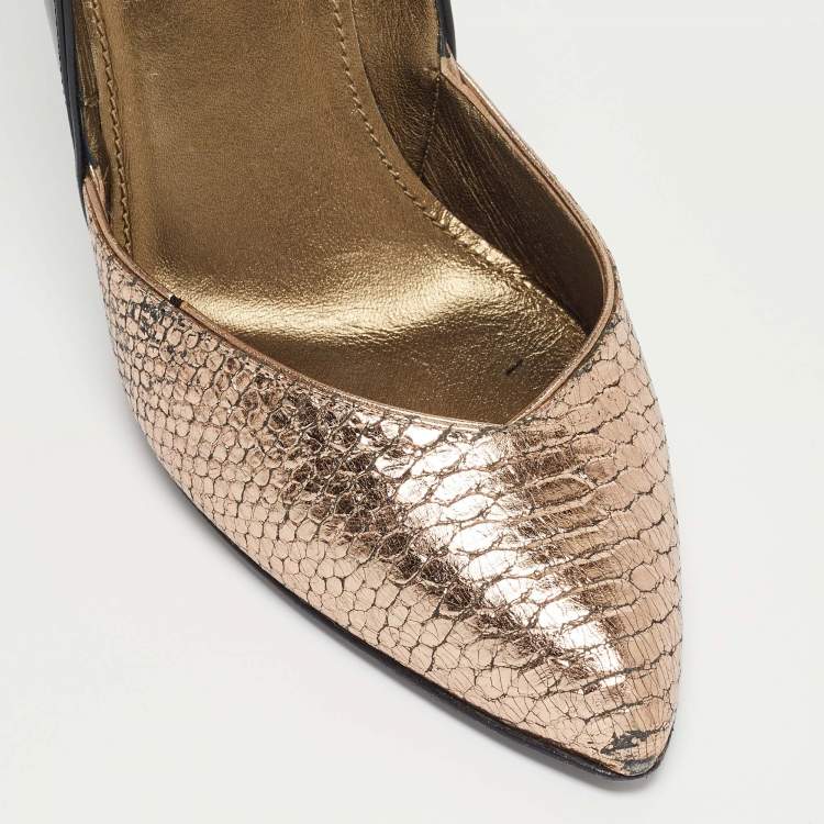 Pre Owned Lanvin Metallic/Black Embossed Python and Leather Pumps Size 38