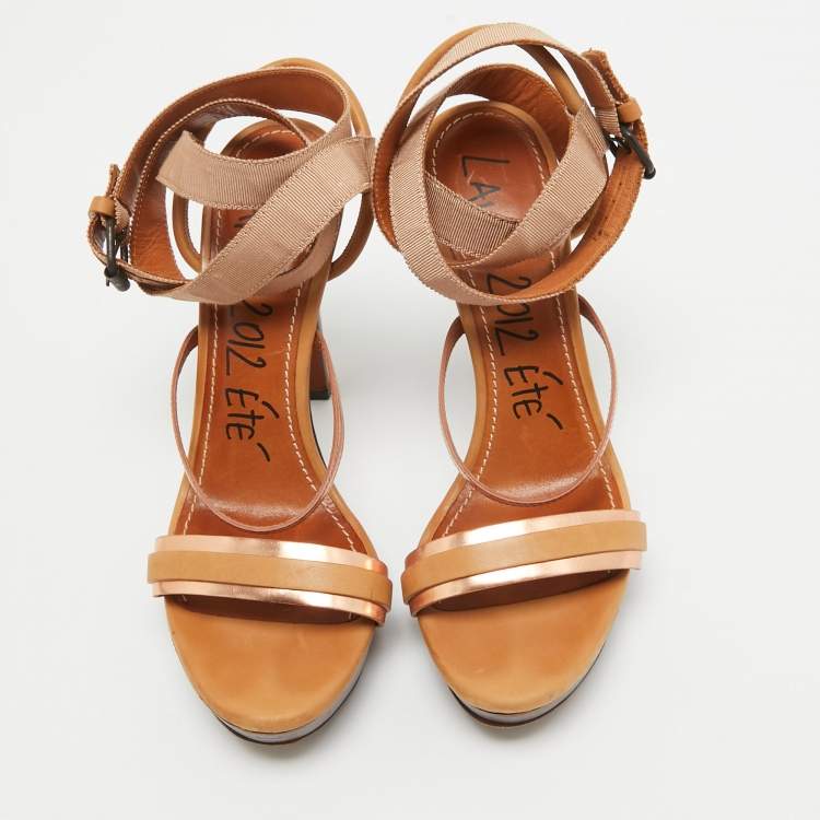Pre Owned Lanvin Brown/Metallic Leather Platform Ankle Wrap Sandals Size 38