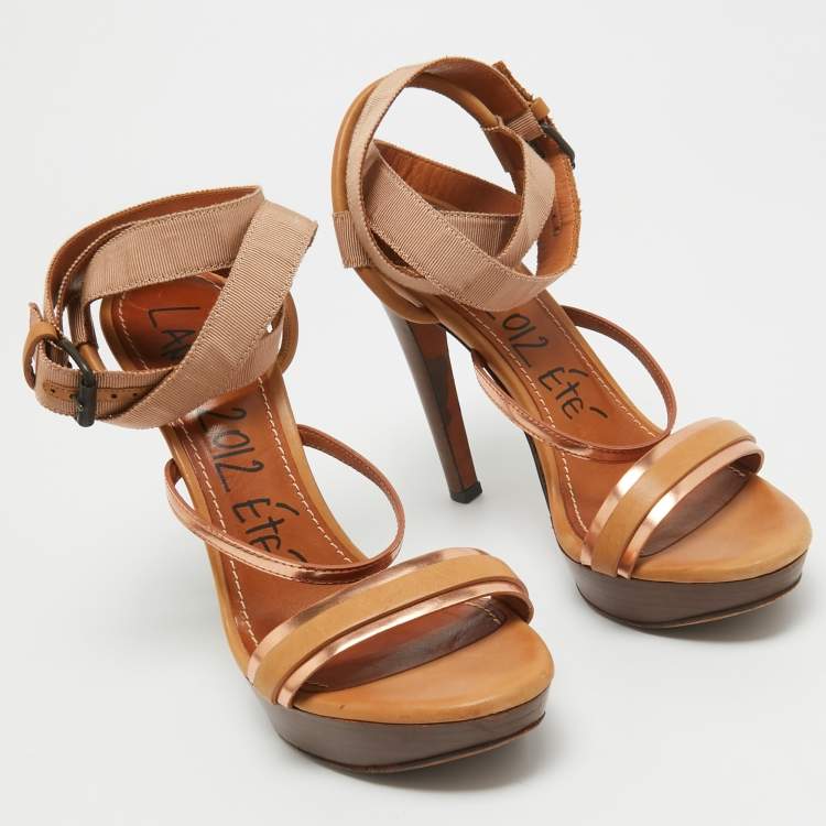 Pre Owned Lanvin Brown/Metallic Leather Platform Ankle Wrap Sandals Size 38