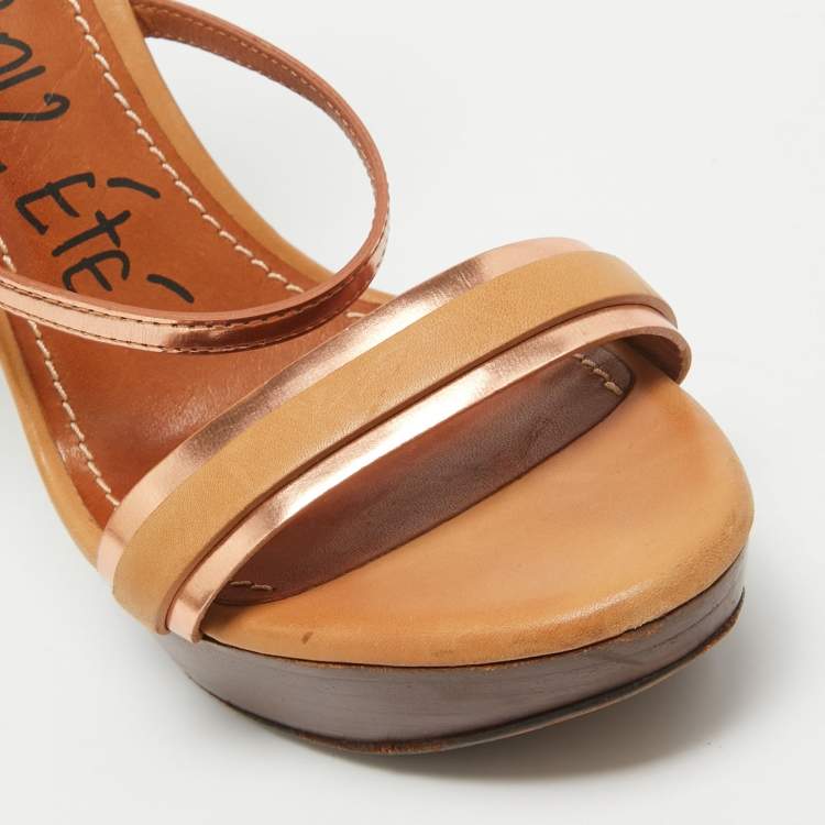 Pre Owned Lanvin Brown/Metallic Leather Platform Ankle Wrap Sandals Size 38
