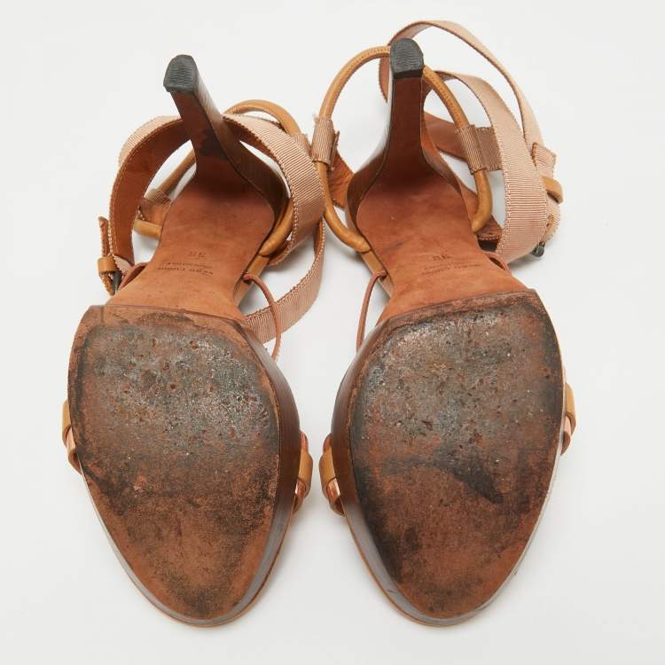 Pre Owned Lanvin Brown/Metallic Leather Platform Ankle Wrap Sandals Size 38
