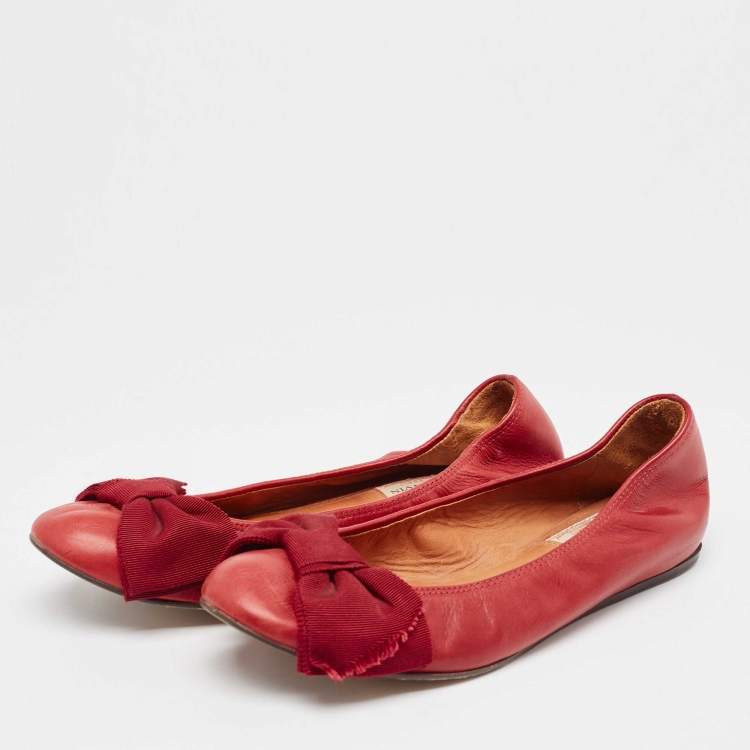 Pre Owned Lanvin Burgundy Leather Bow Ballet Flats Size 38