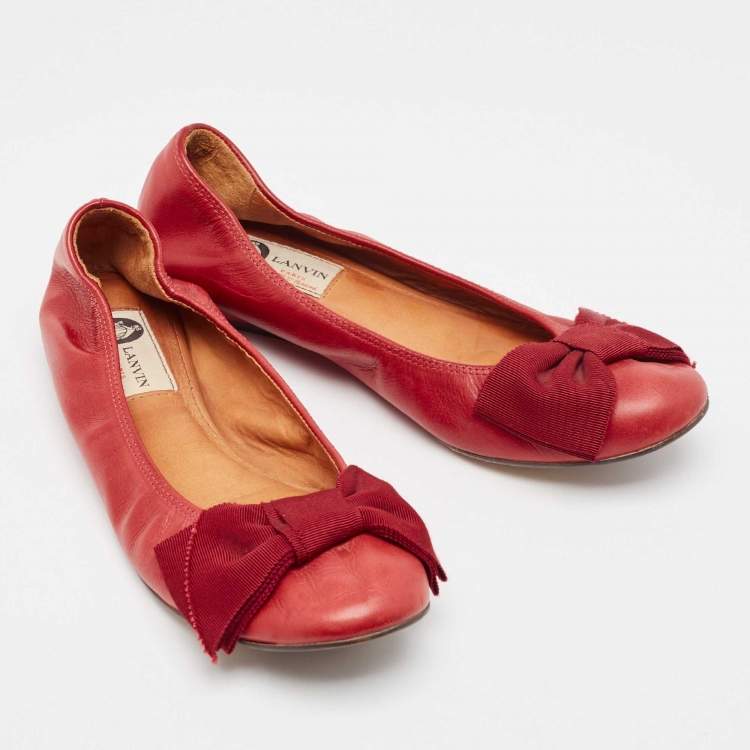 Pre Owned Lanvin Burgundy Leather Bow Ballet Flats Size 38