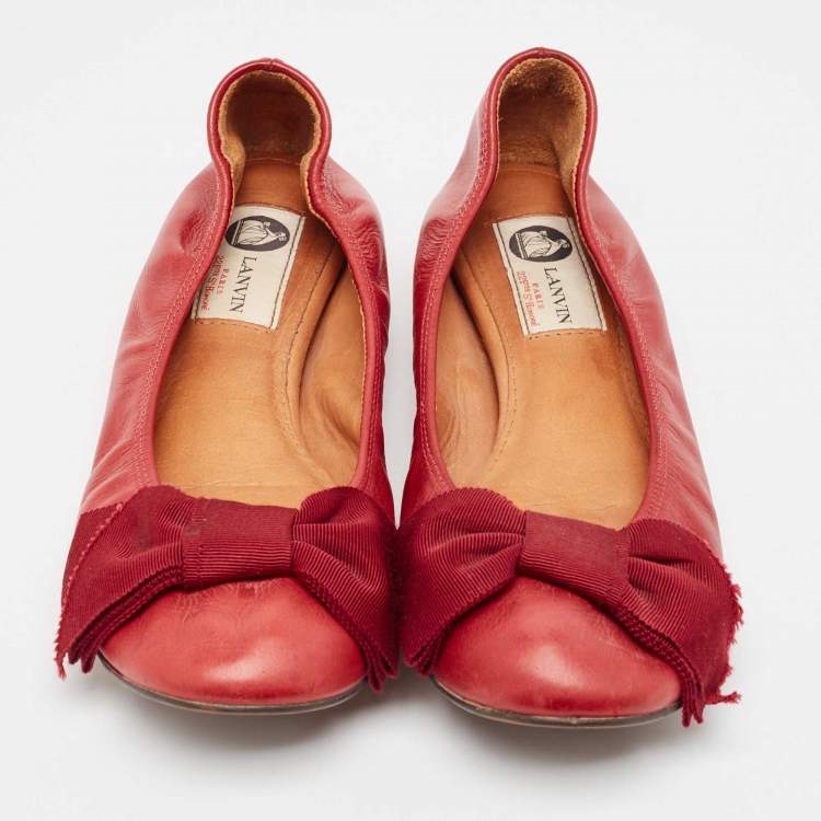 Pre Owned Lanvin Burgundy Leather Bow Ballet Flats Size 38
