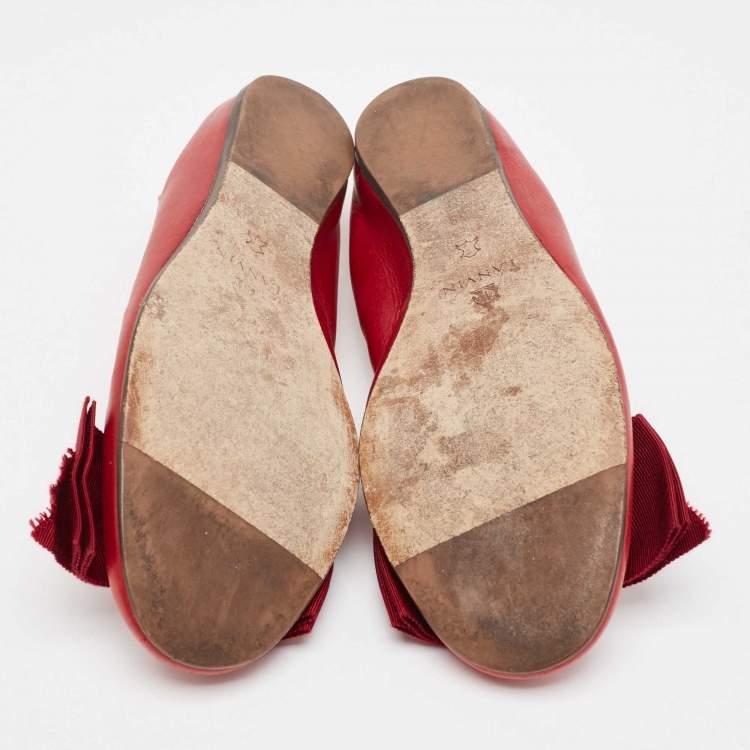 Pre Owned Lanvin Burgundy Leather Bow Ballet Flats Size 38