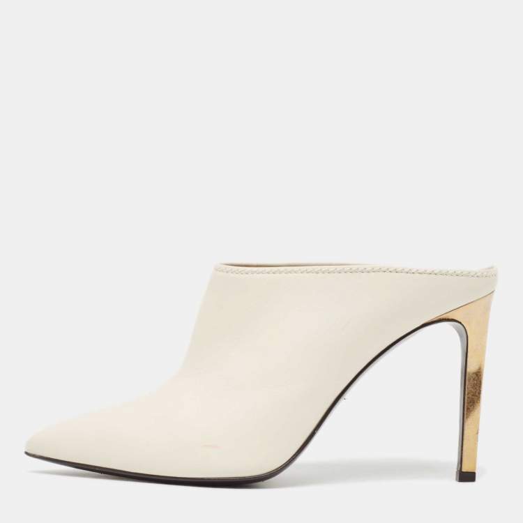 Pre Owned Lanvin Cream Leather Pointed Toe Mules Size 41
