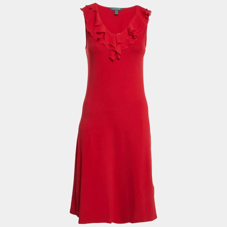 Pre Owned Lauren Ralph Lauren Red Cotton Blend Knit Ruffled Short Dress S
