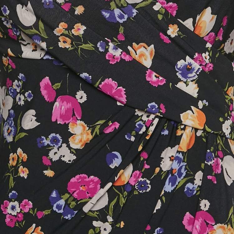 Pre Owned Lauren Ralph Lauren Navy Blue Floral Print Jersey Draped Mini Dress M