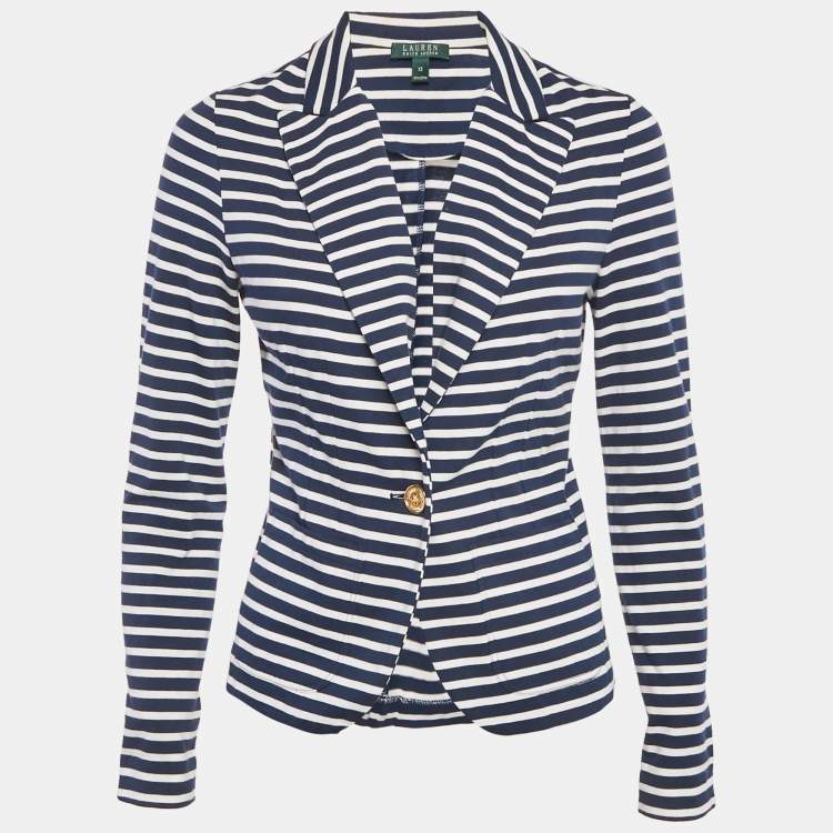 Pre Owned Lauren Ralph Lauren Navy Blue Stripe Cotton Knit  Jacket XS