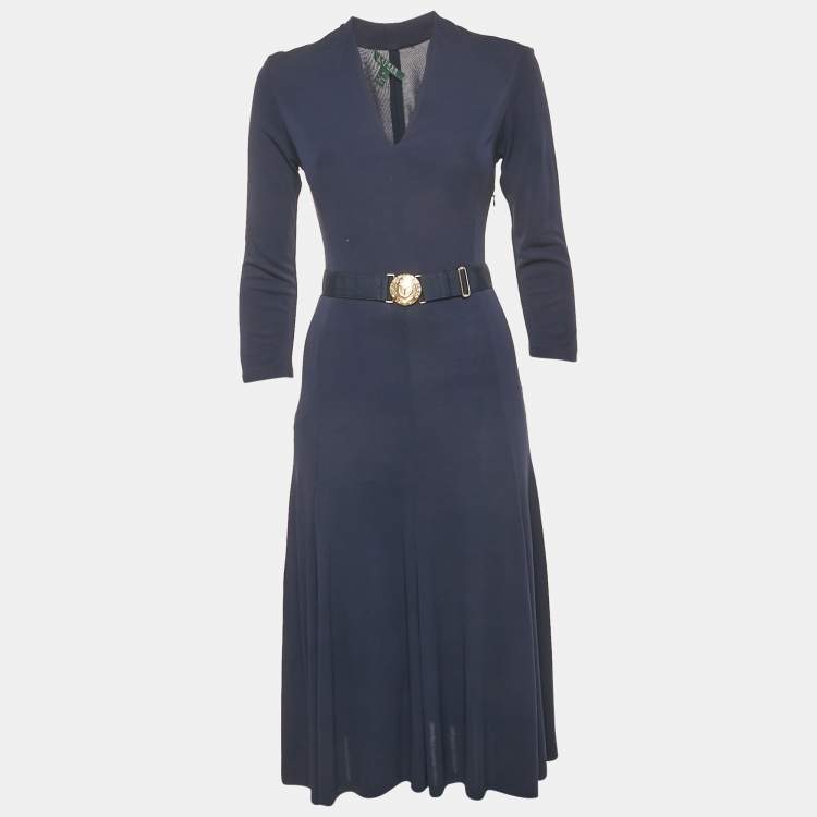 Pre Owned فساتين لورين رالف لورين جيرسي مع حزام بلون أزرق كحلي وياقة على شكل V ميدي مقاس صغير