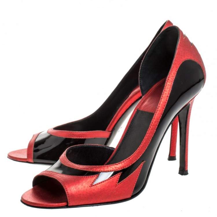 Pre Owned Laurence Dacade Black Patent And Metallic Red Leather D'orsay Peep Toe Pumps Size 37