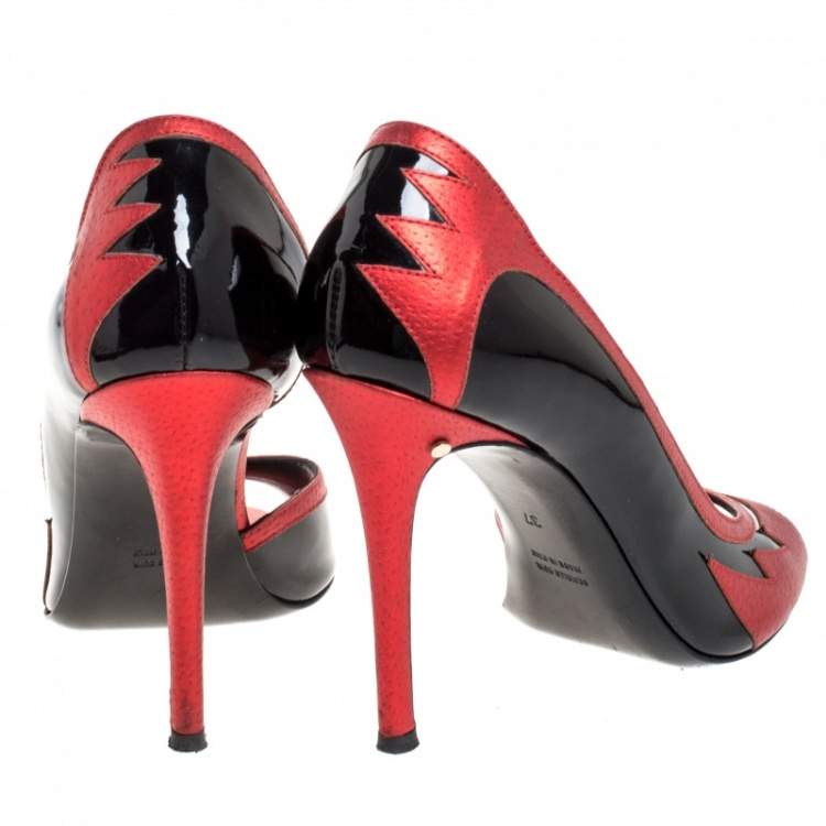 Pre Owned Laurence Dacade Black Patent And Metallic Red Leather D'orsay Peep Toe Pumps Size 37