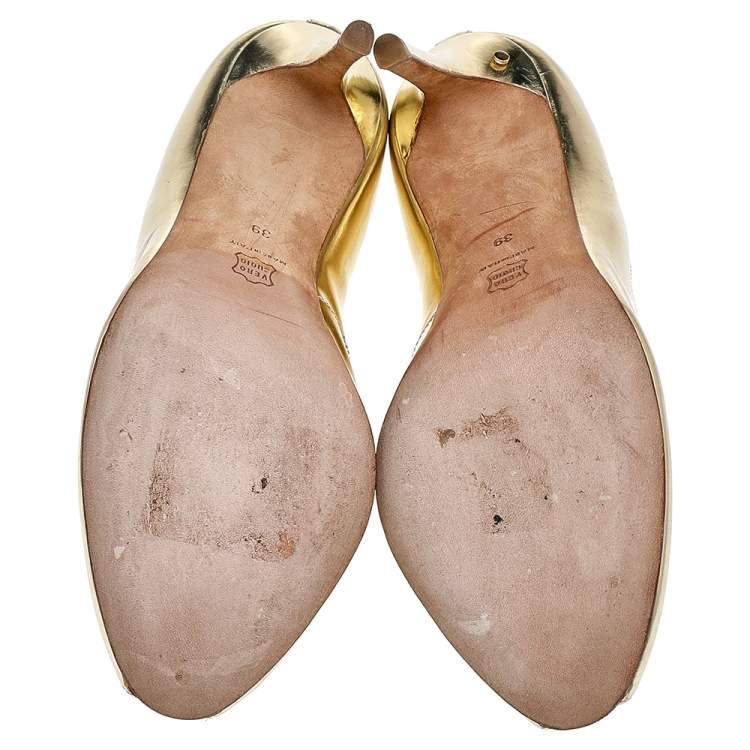 Pre Owned Laurence Dacade Metallic Gold Leather Peep Toe Pumps Size 39