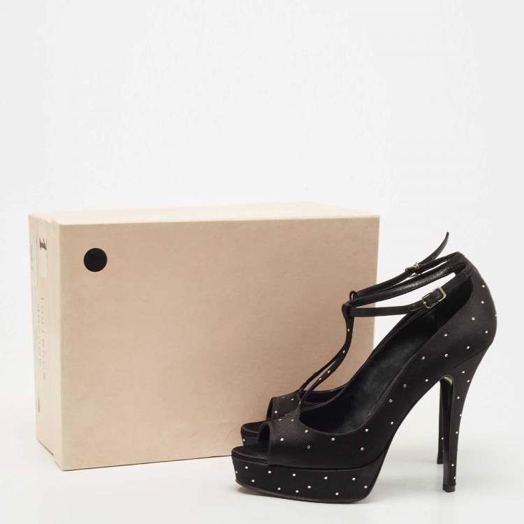 Pre Owned Laurence Dacade Black Satin Crystal Peep Toe  T-Strap Pumps Size 38.5