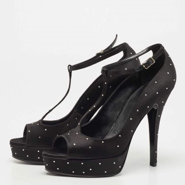 Pre Owned Laurence Dacade Black Satin Crystal Peep Toe  T-Strap Pumps Size 38.5