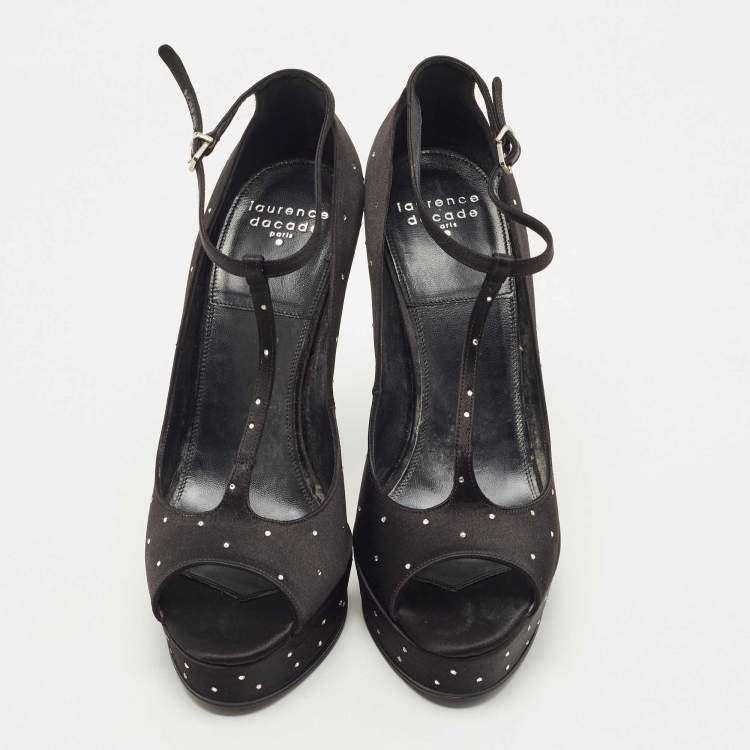 Pre Owned Laurence Dacade Black Satin Crystal Peep Toe  T-Strap Pumps Size 38.5