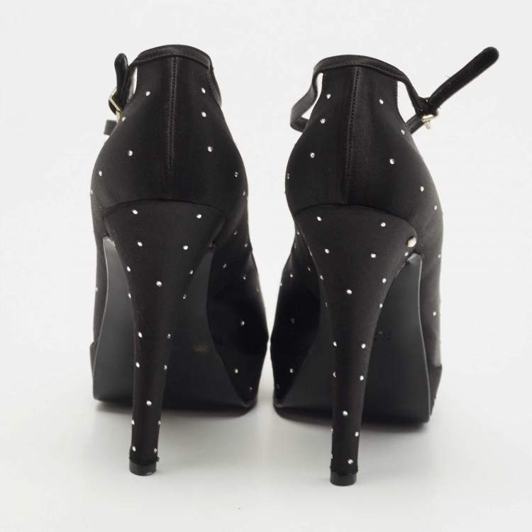 Pre Owned Laurence Dacade Black Satin Crystal Peep Toe  T-Strap Pumps Size 38.5
