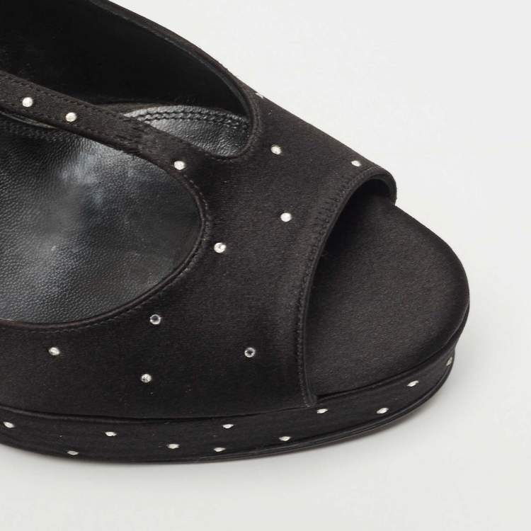 Pre Owned Laurence Dacade Black Satin Crystal Peep Toe  T-Strap Pumps Size 38.5