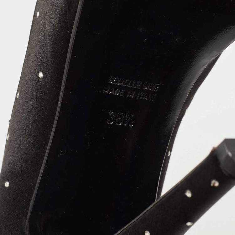 Pre Owned Laurence Dacade Black Satin Crystal Peep Toe  T-Strap Pumps Size 38.5