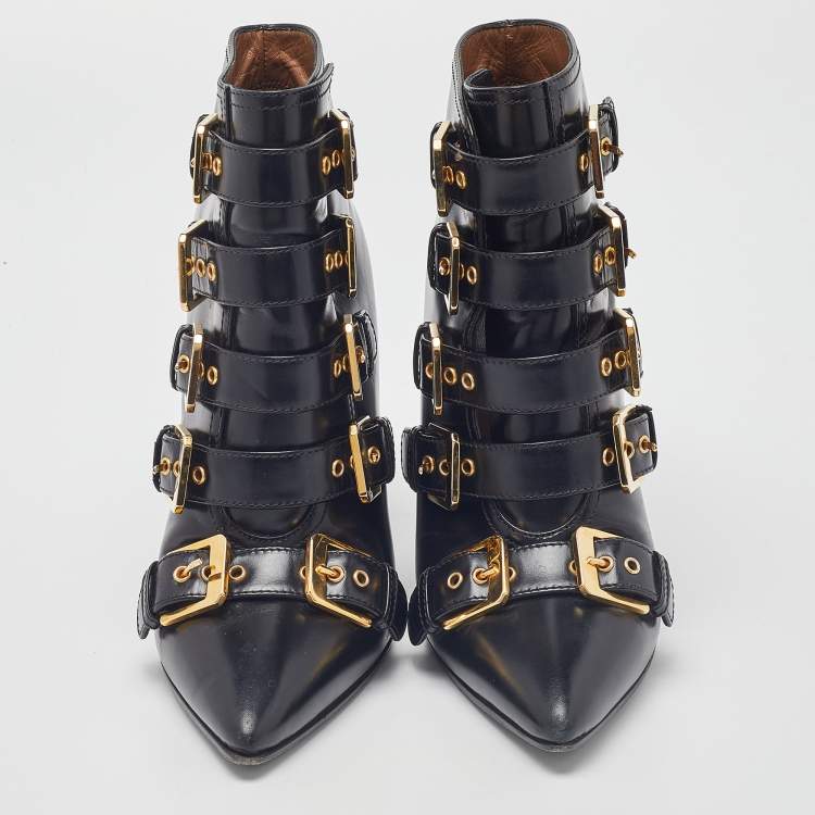 مملوكة مسبقًا Laurence Dacade Black Leather Buckle Detail Ankle Booties Size 37.5