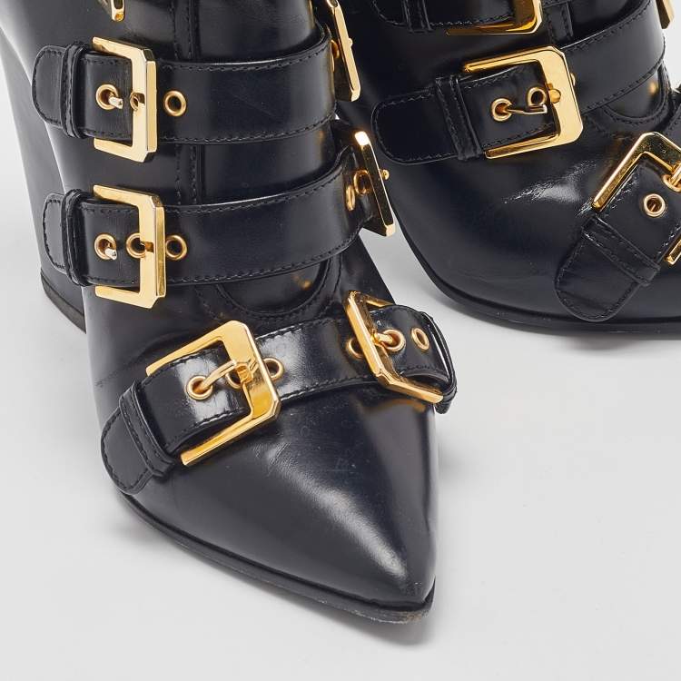 مملوكة مسبقًا Laurence Dacade Black Leather Buckle Detail Ankle Booties Size 37.5