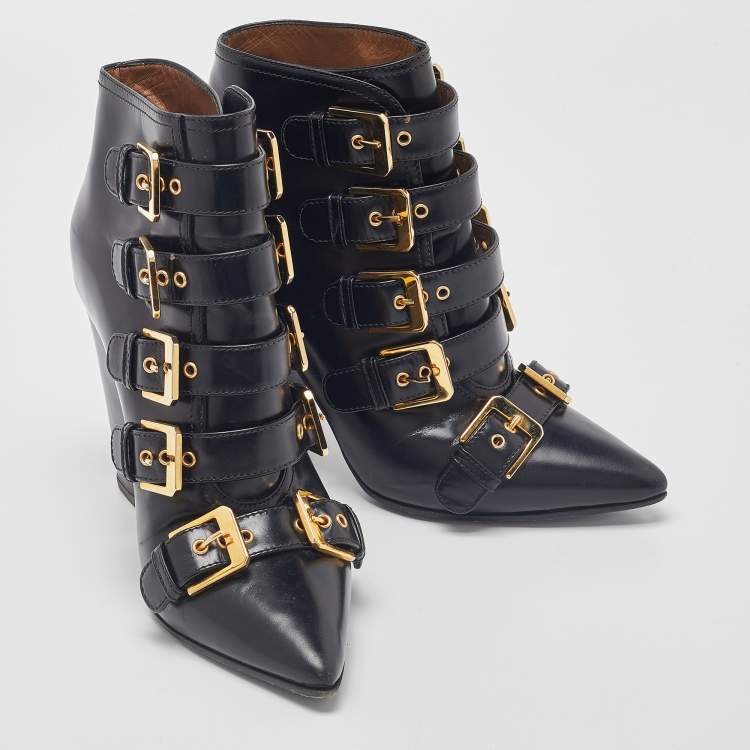مملوكة مسبقًا Laurence Dacade Black Leather Buckle Detail Ankle Booties Size 37.5