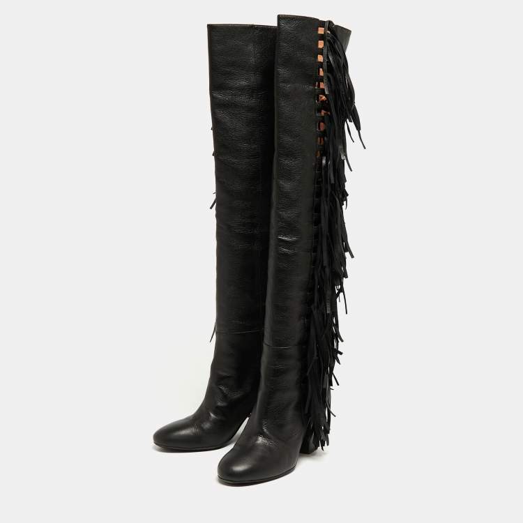 Pre Owned Laurence Dacade Black Leather Cowboy Knee Length Boots Size 38