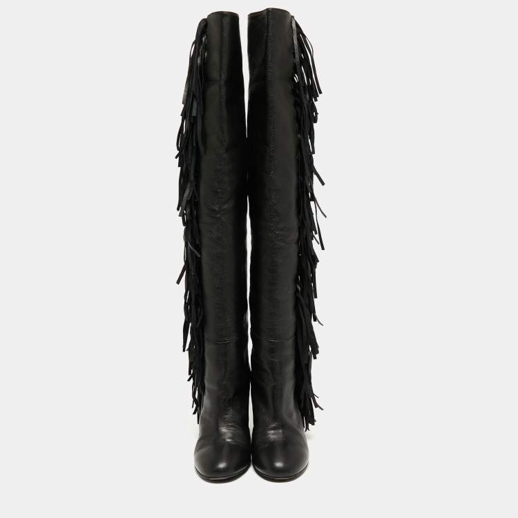 Pre Owned Laurence Dacade Black Leather Cowboy Knee Length Boots Size 38