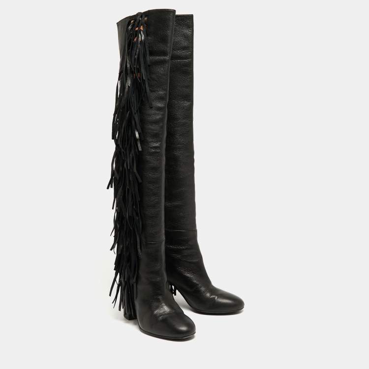 Pre Owned Laurence Dacade Black Leather Cowboy Knee Length Boots Size 38