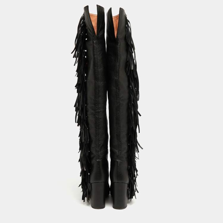 Pre Owned Laurence Dacade Black Leather Cowboy Knee Length Boots Size 38