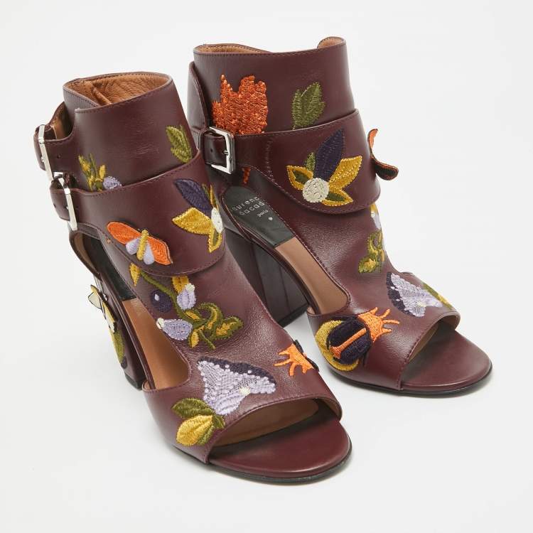 Pre Owned Laurence Dacade Burgundy Leather Embroidered Sandals Size 41
