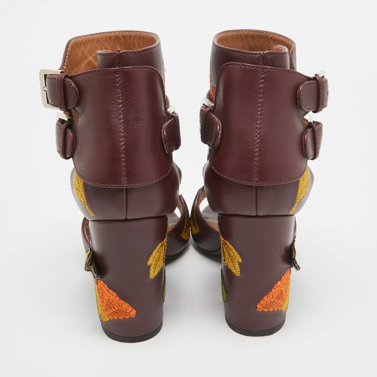 Pre Owned Laurence Dacade Burgundy Leather Embroidered Sandals Size 41