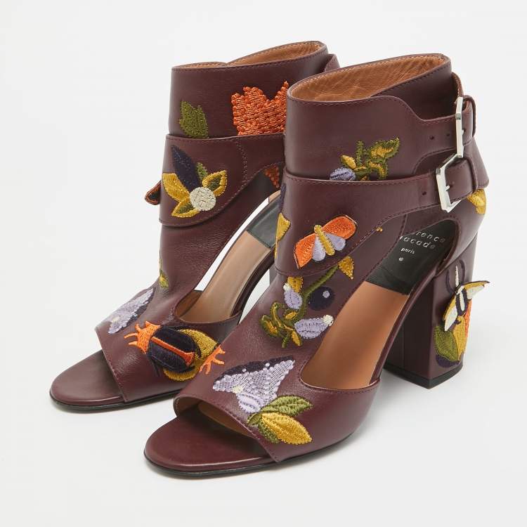Pre Owned Laurence Dacade Burgundy Leather Embroidered Sandals Size 41