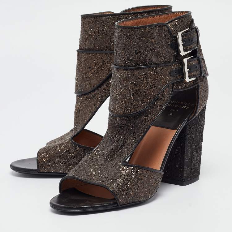 Pre Owned Laurence Dacade Bronze/Black Glitter and Leather  Ankle Strap Sandals Size 39.5