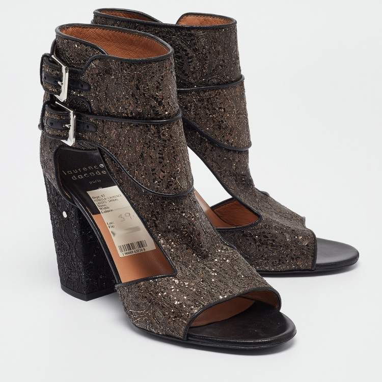 Pre Owned Laurence Dacade Bronze/Black Glitter and Leather  Ankle Strap Sandals Size 39.5