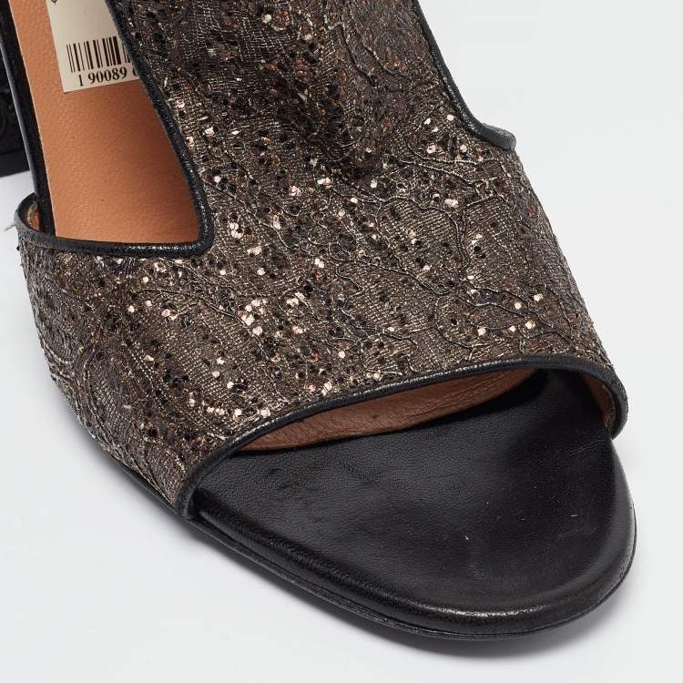Pre Owned Laurence Dacade Bronze/Black Glitter and Leather  Ankle Strap Sandals Size 39.5