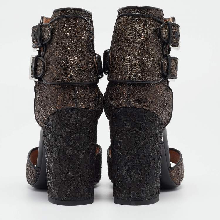 Pre Owned Laurence Dacade Bronze/Black Glitter and Leather  Ankle Strap Sandals Size 39.5