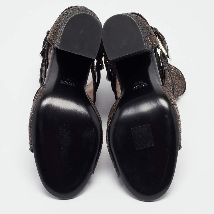 Pre Owned Laurence Dacade Bronze/Black Glitter and Leather  Ankle Strap Sandals Size 39.5